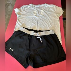 Under Armour hint of green/blue Top and Black Shorts Combo